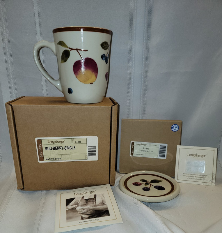 Longaberger BERRY Fruit Medley Coffee Mug w/matching coaster NEW 31392 31331 lid