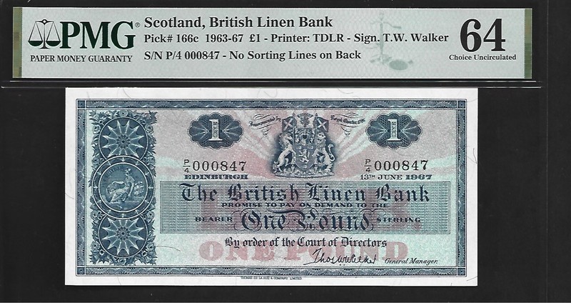 Scotland 1 Pound 1967 PMG 64 UNC P# 166s British Linen Bank T.W. Walker