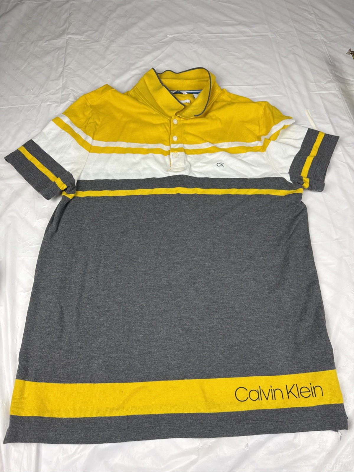 Calvin Klein Polo Shirt Mens Large Yellow Gray Stripe Supima Cotton CK Logo