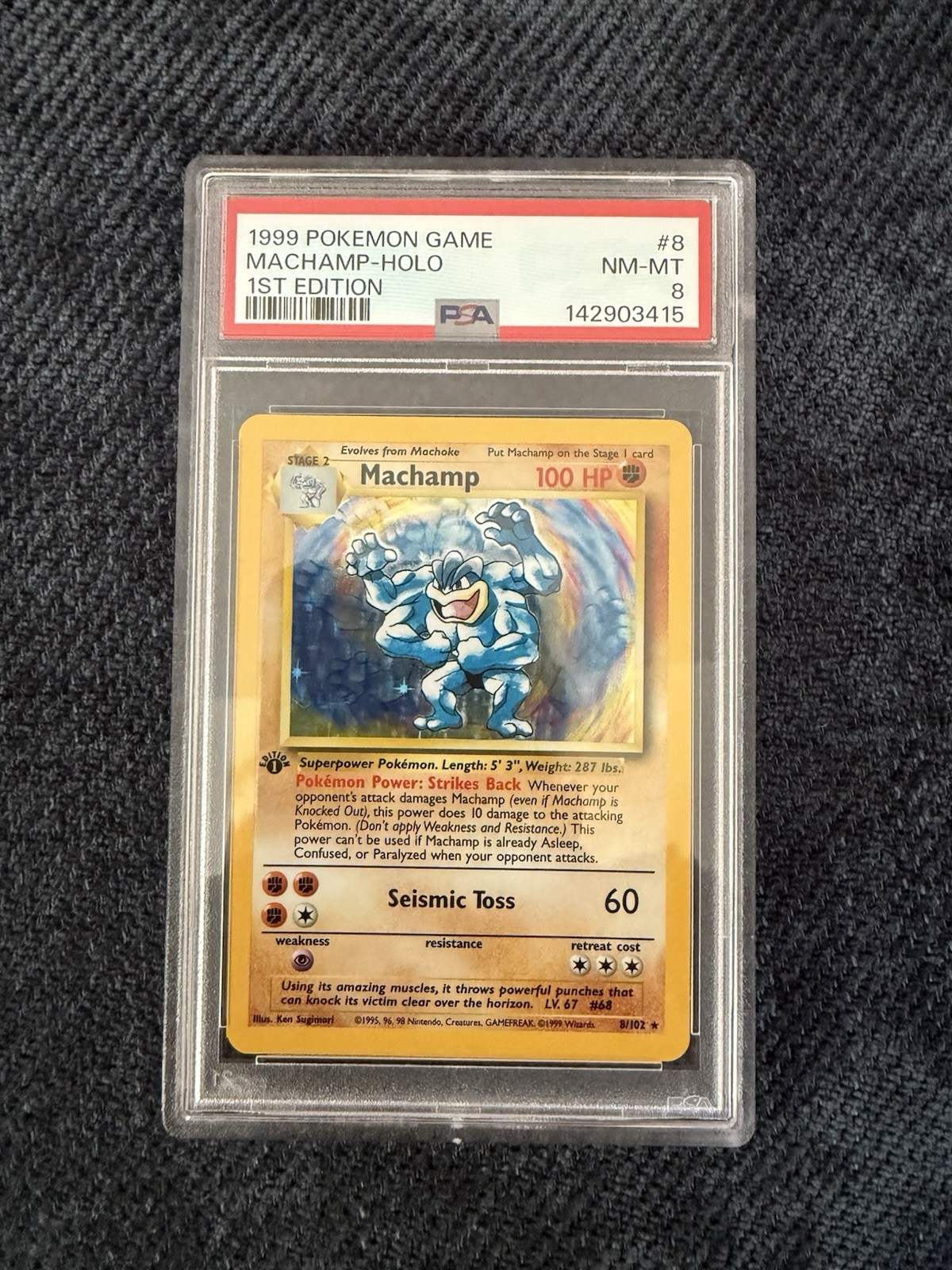 Pokemon: Machamp Shadowless 1st Edition #8/102 Holo 1999 WOTC - VINTAGE PSA 8
