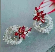 3.20Ct Pear Cut Lab-Created Red Ruby Cluster Stud Earrings 14K White Gold Plated