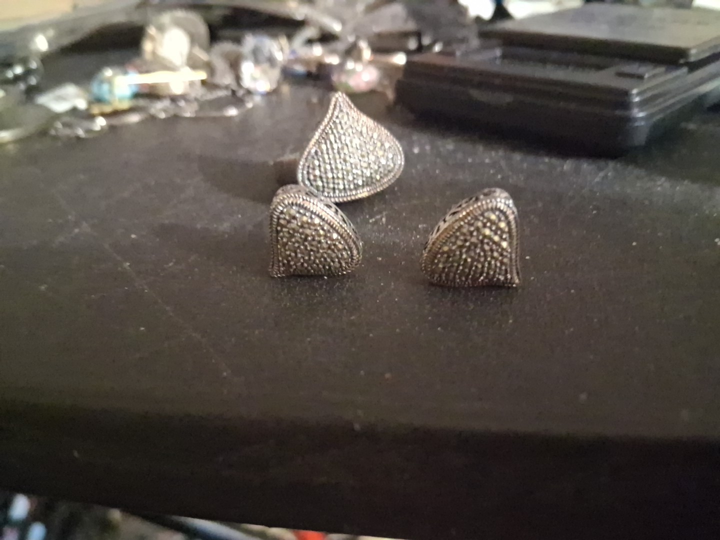 Sterling Silver 925 Marcasite Heart Set Ring and Earrings Art Deco sz 7
