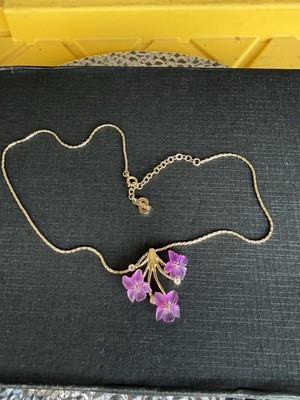 Christian Dior Gold Tone Rope Chain Purple Flower Pendant Enamel Crystal Signed