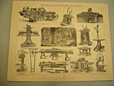 Drewno, stolarz, sprzęt, technika, wzór 4 x oryginalne litografie/obrazy z 1883 roku
