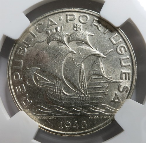PORTUGAL Republic 10 Escudos 1948 NGC MS 62 UNC Sailing Ship Silver Graded - Picture 5 of 8