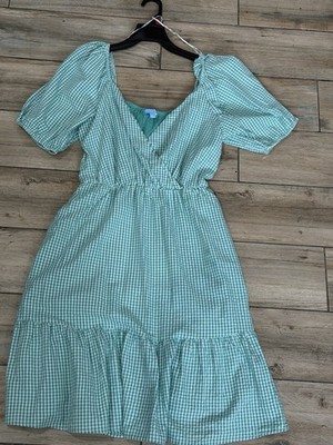 Draper James RSVP Green White Gingham Puff Sleeve Midi Dress V-Neck S