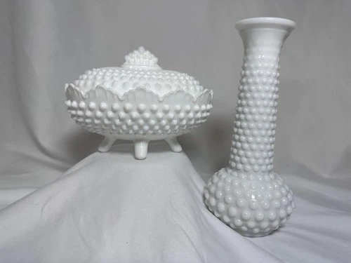 Vintage Fenton White Milk Glass Hobnail Oval Footed Covered Candy Dish with Lid