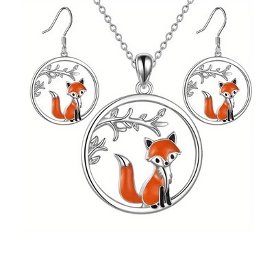 Set aus Halskette und Ohrringen mit Fuchs-Anhänger, silberfarben mit orangefarbener Emaille, 18 cm