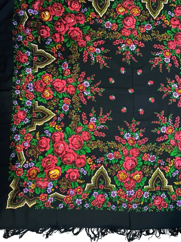 "Mantón de colección Pavlovo Posad flores de Rusia en tus hombros flecos de lana 57x57""" Foto 4 de 4