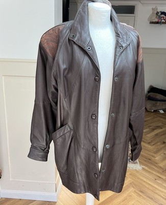 Vintage 80er schokobrauner Ledermantel geprägt Western Schultereinsätze - S/M