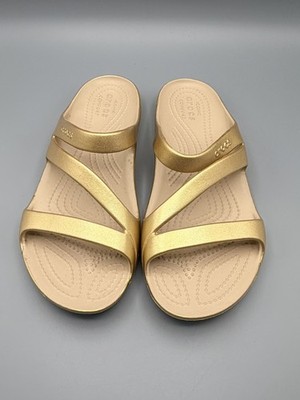 Crocs Kadee II Metallic Gold Sandals Women's Size 8 Slip On Shoes Slides EUC