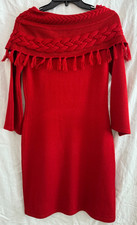 LIZ CLAIBORNE SIZE SMALL Red Sweater Dress Cable Tassels Cowl Collar Bell Sleeve