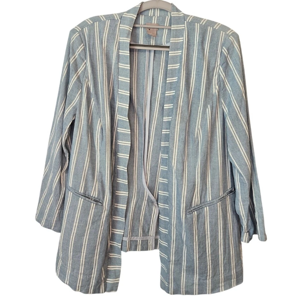 Blazer abierto grande pequeño 12/14 nuevo sin etiquetas CHICO'S mezcla de algodón índigo rayas cambray Foto 2 de 4