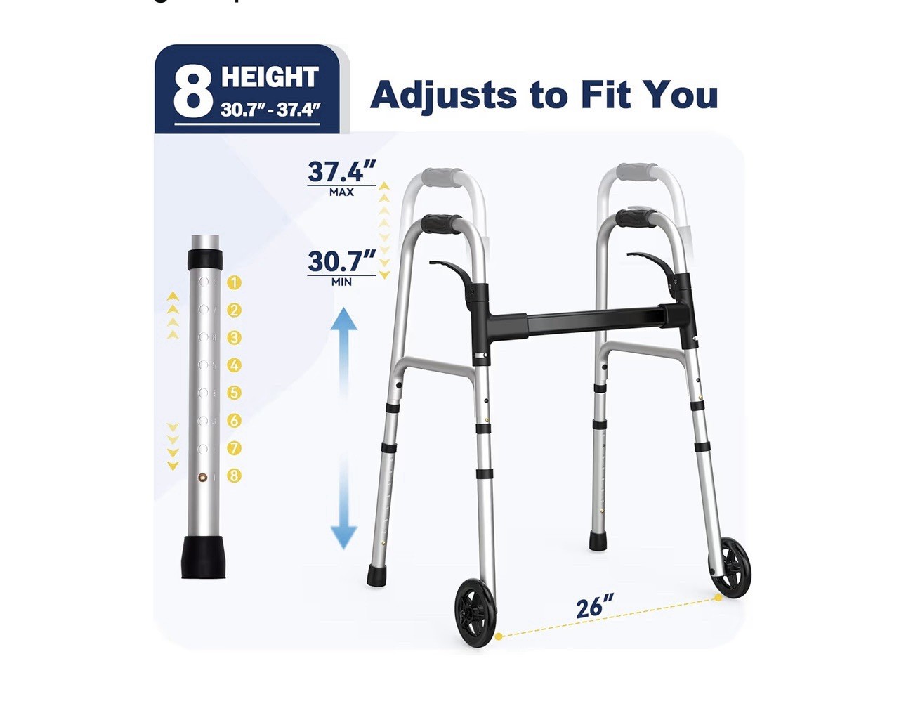 Folding Walker with 2 Skis and 5" Wheels, Lightweight Walkers for Seniors and Ad