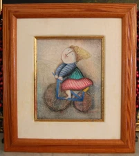 VTG 80'S FRAMED JOYCE ROYBAL ABSTRACT MODERN WOMAN CYCLIST TEXTURED OIL PAINTING