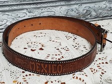 vtg TOOLED buckle belt WESTERN handcrafted 38 40 42 maya MEXICO leather Cattle