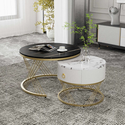 Elegantes Satz Couchtisch Set Marmoroptik mit Golddekor mit Schubladen Schwarz