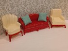 Renwal 3 Pc Red & Ivory Living Room Set Vintage Dollhouse Furniture Plastic 1:16 — photo 2