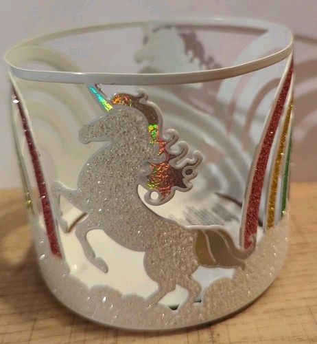 Bath & Body Works Kerzenhalter weiß Einhorn Regenbogen 3 Docht Metall Glitzer NEU - Bild 1 von 5
