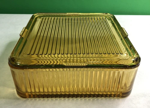 Federal Amber Ribbed Glass Refrigerator 8" Square Dish Container w/ Lid Vintage