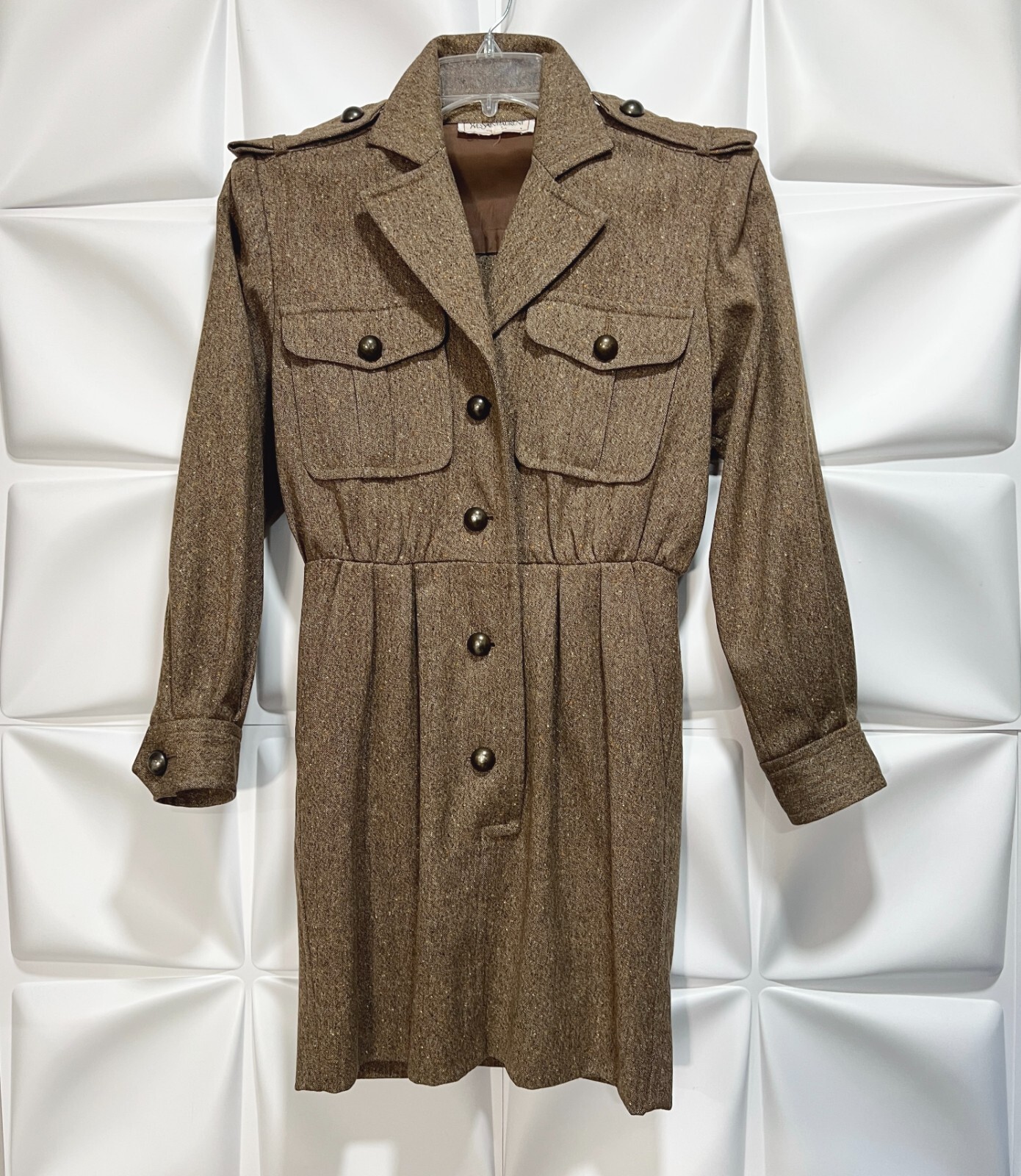 Abito militare Yves Saint Laurent 36 US taglia 4 marrone tweed s utility vintage YSL RARO