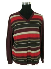 Perry Ellis Sweater L Burgundy Red Stripe Pullover V-Neck Cotton Knit Large NWT