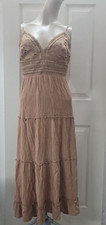 Love Tree Boho Maxi Dress L Beige Open Back Crochet Festival Beach Cottagecore
