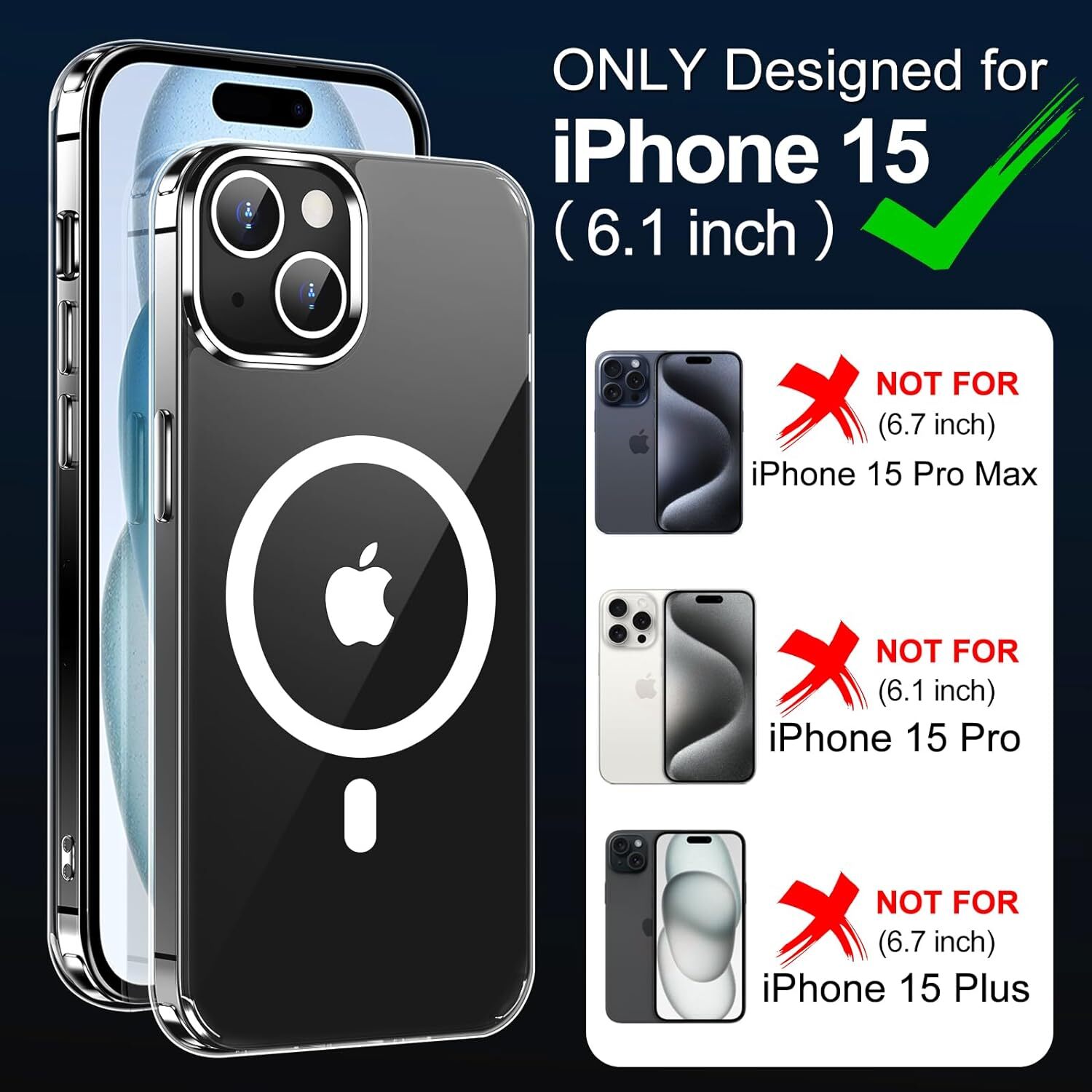 MOZOTER Magnetic for iPhone 15 Case Clear,[Compatible with Magsafe] [2*Glass Scr-image
