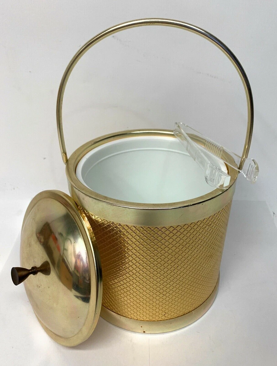 VINTAGE MID CENTURY 1960 S GOLD HAMMERED ALUMINUM ICE BUCKET W LID LB 10 ITA