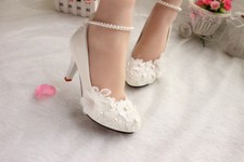 Lace Pearls Formal Wedding shoes Bridal flats low high heel pump wedge size 5-12