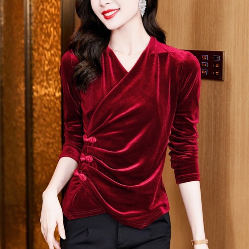 Chinese Lady Velvet Shirt Velour Top Blouse Frog Button V Neck Ethnic Vintage - Picture 6 of 9