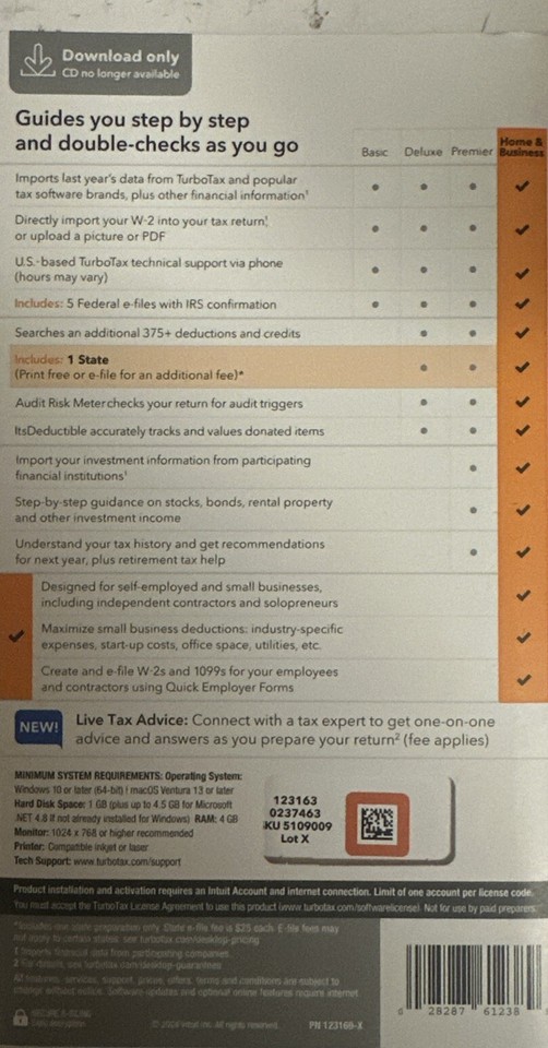 INTUIT TURBOTAX HOME & BUSINESS 2024 Federal & Efile, 1 State; New