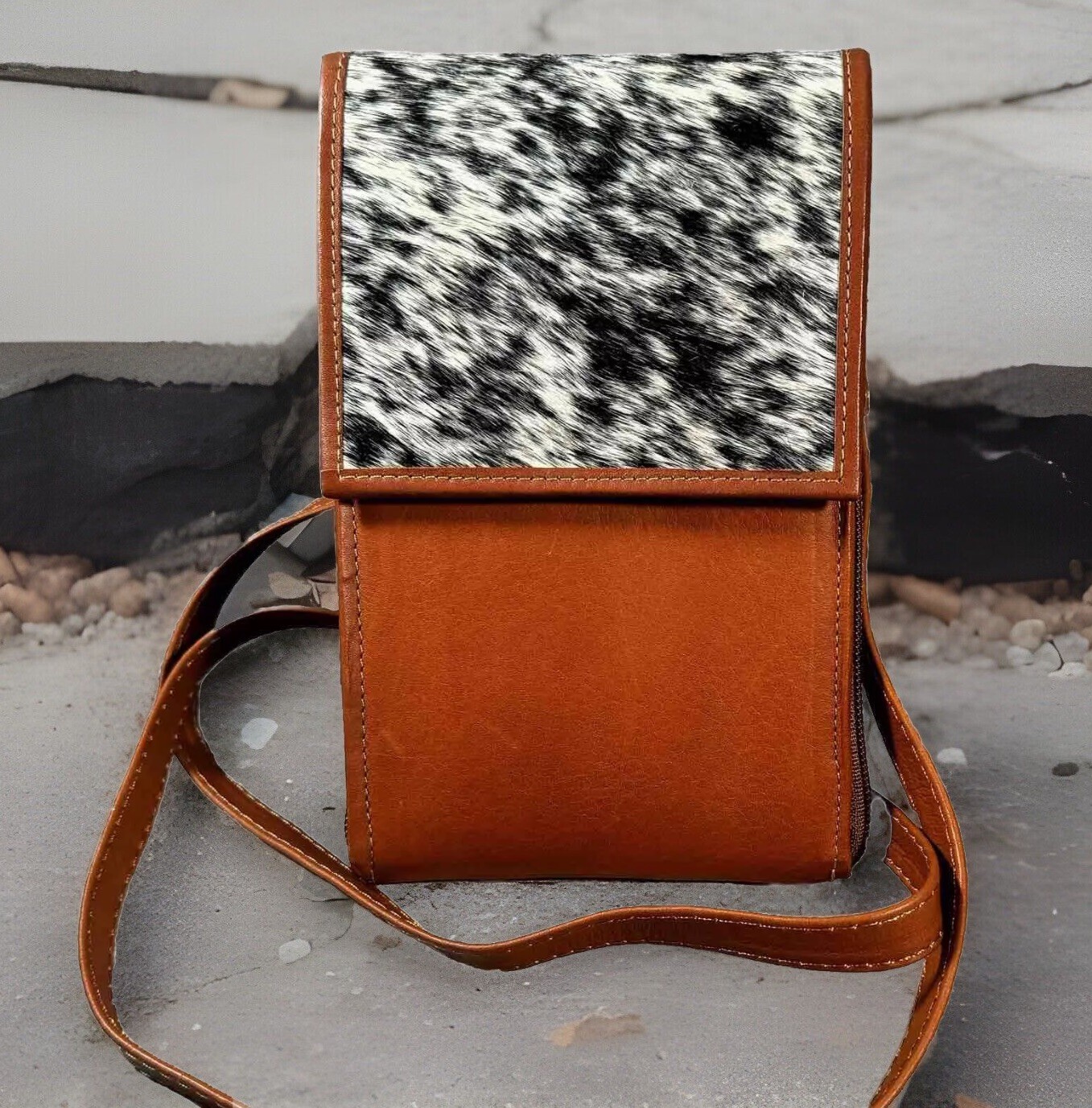 CROSSBODY Bag Brown Leather Calf Hair Cell Phone Pouch Wallet Zip Around Purse-image