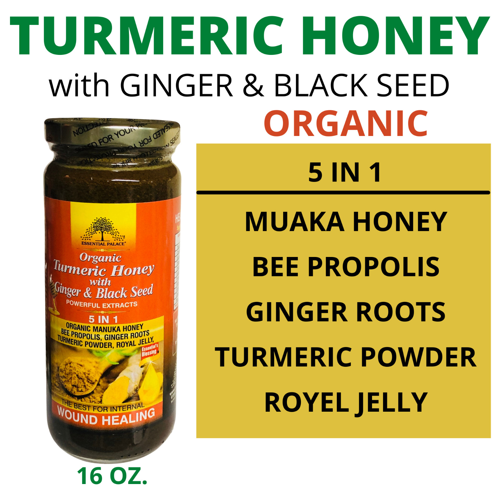 TURMERIC HONEY With Ginger & Black Seed By Essential Palace Great for Cough Flue