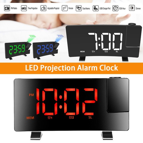 DE LED FM Radiowecker mit Projektion Digital Funkuhr Dimmbar Tischuhr Alarm USB - Bild 2 von 16