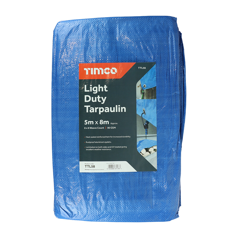 Timco Tarpaulin - Light Duty 5x8m Shield Blue Tarp Weather Resistant Reinforced