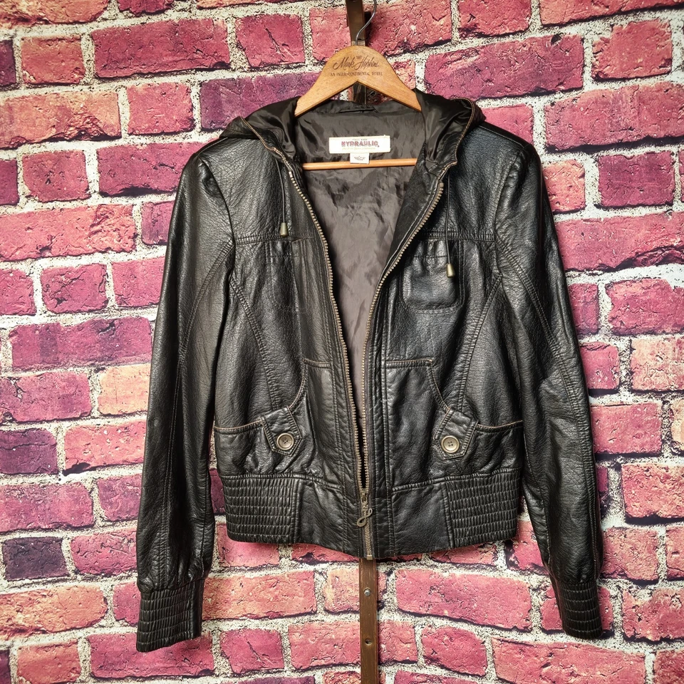 HYDRAULIC Black Faux Leather Moto Jacket Hoodie Sz Large - Image 2 of 4