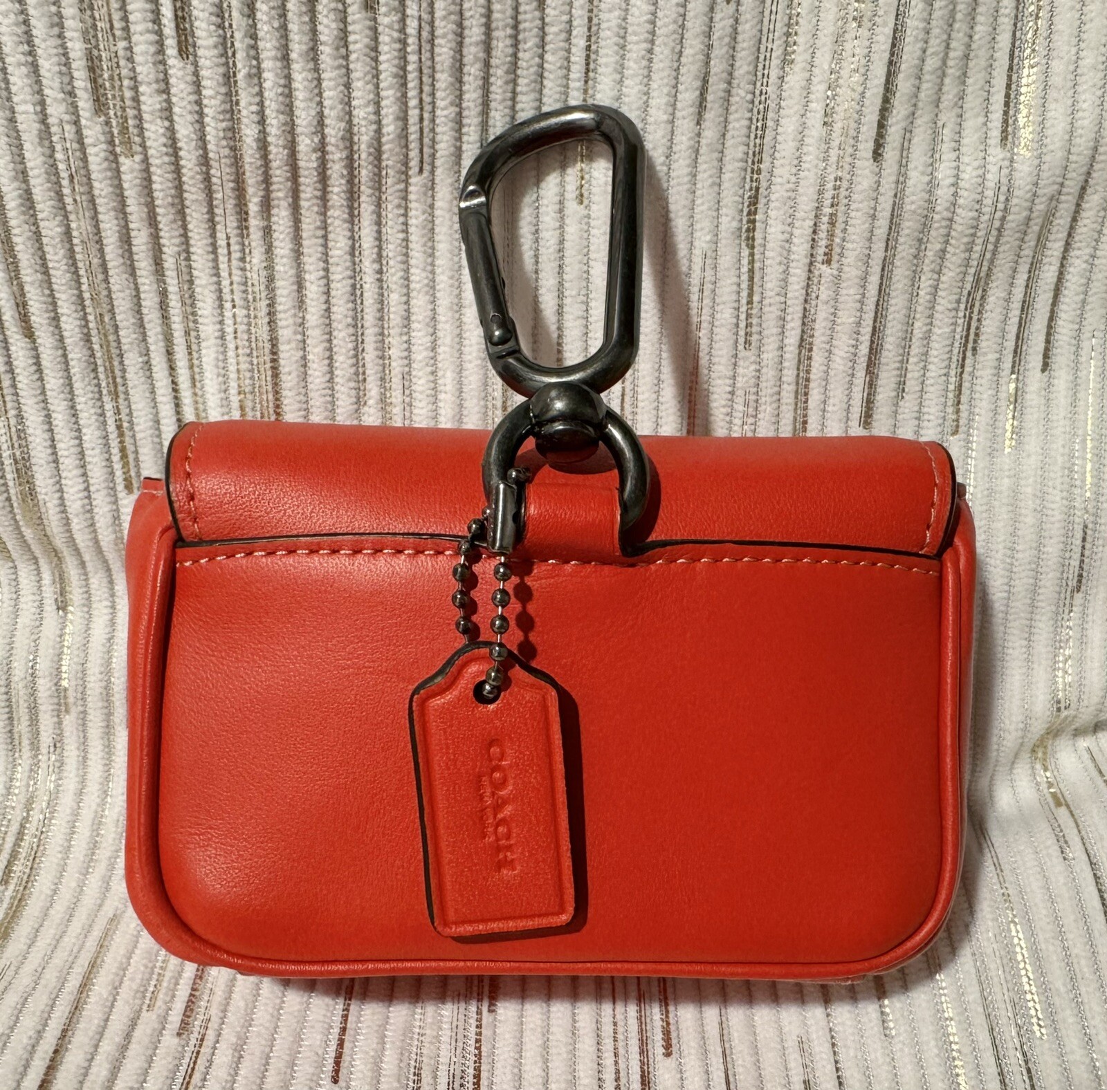 New COACH Micro Track Key Fob Gunmetal Miami Red Attached Carabiner Clip C9981