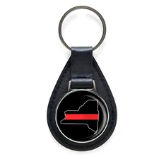 First Responder Thin Red Line New York Firefighter Black Leather Keychain Silver