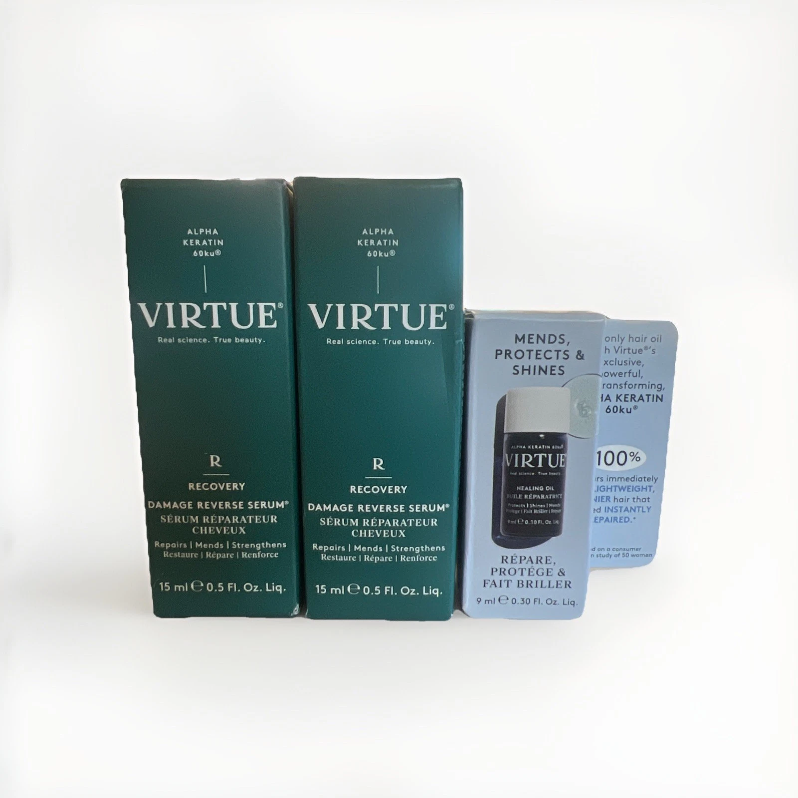 Lot of 3 VIRTUE Hair Care Travel:2 Recovery Damage Reverse Serum & 1 Healing Oil