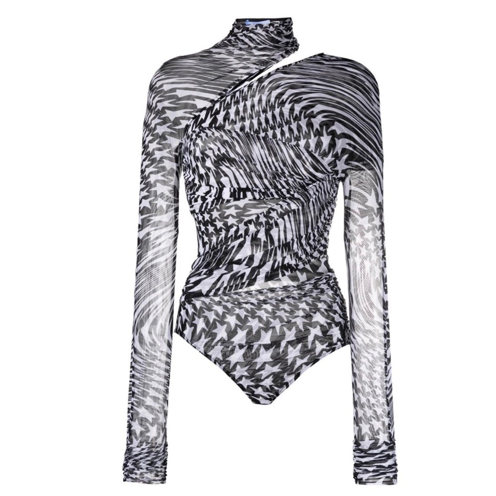 Mugler $895 Star-Print Shoulder Cut-out LS Mesh Bodysuit NWT Size US 8