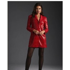 Maeve Anthropologie Red Sequin Blazer Dress Petite 4P Holiday Party Mini Sparkly