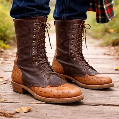 Double-H Boots Mens Size 10B Lacer Two Tone Work Boot D382 Ostrich Packer Kiltie