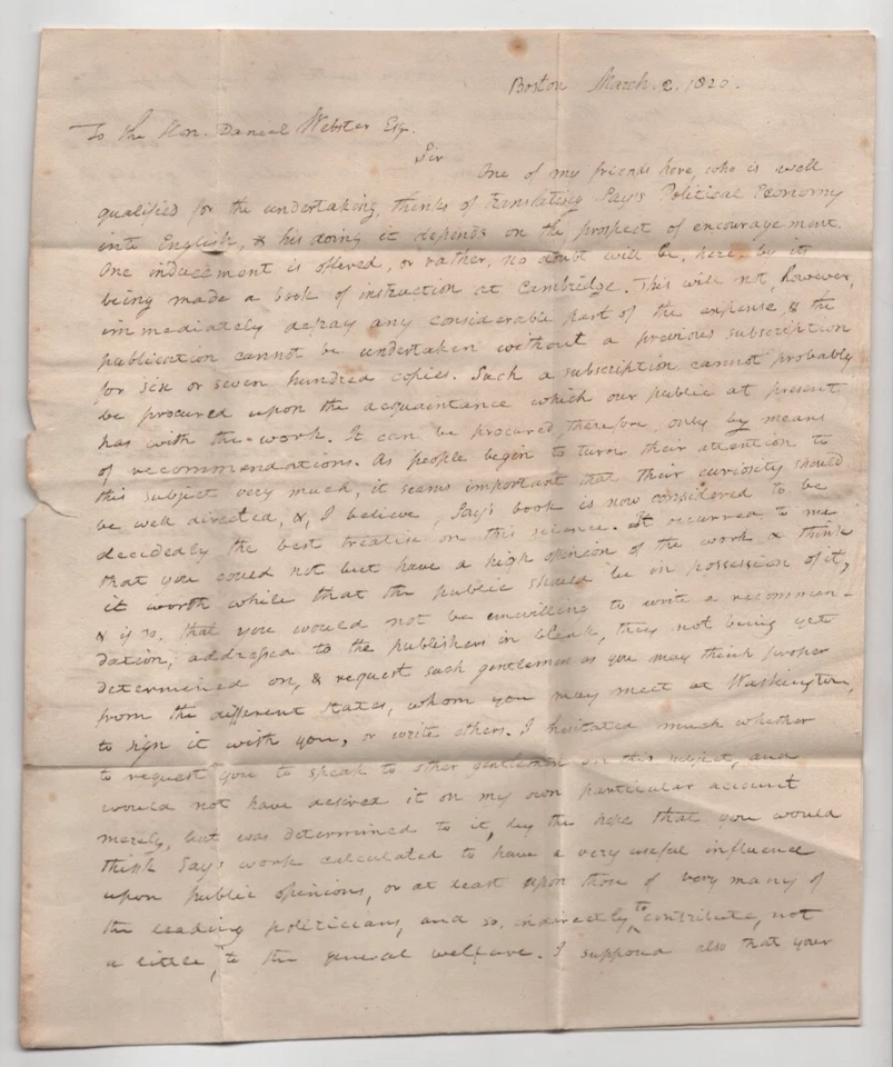 EE. UU. 1820 BOSTON MA AL HONORABLE DANIEL WEBSTER CUBIERTA PLEGADA SIN ESTAMPILLAS Foto 4 de 4