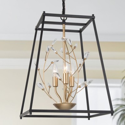 NEW LNC Home 3-Light Lantern Chandelier Black/Dark Gold with Crystal Flowers