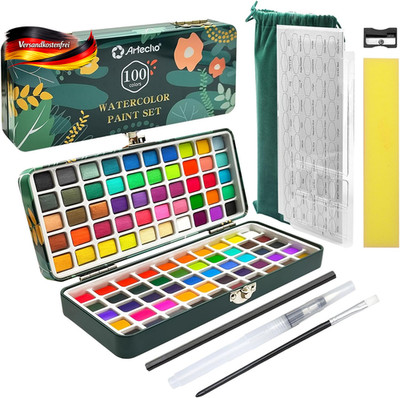 Artecho Aquarellfarben Set 100 Farben in Tragbarer Box, Mit Pinsel Und Aquarellp