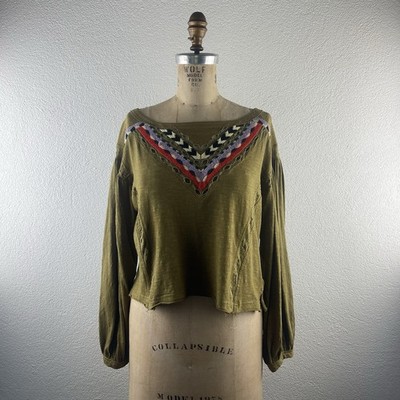 Free People l S Hand Me Down Embroidered Drop Shoulder Balloon Sleeve Crop Top