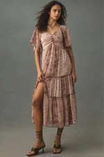 NWT By Anthropologie $178 Short-Sleeve Tiered Midi Dress Snakeskin Brown Size S