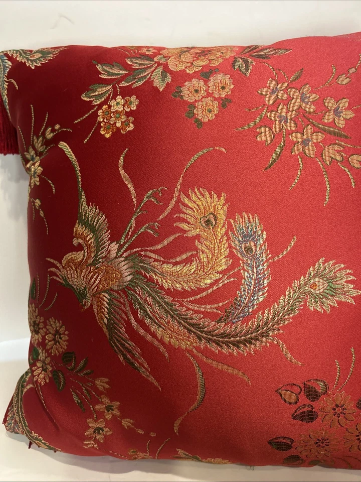 Set 2 Decorative Asian Throw Pillows Red Floral Bird Satin Square 16x16 Tassles - Image 2 of 4