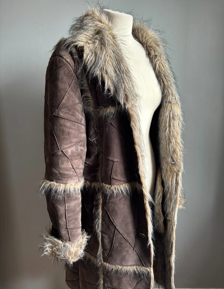 H&M leather RANCHER COAT 38 40 trench fur lining sherpa blogger 60s 14 16 furry - Image 4 of 4